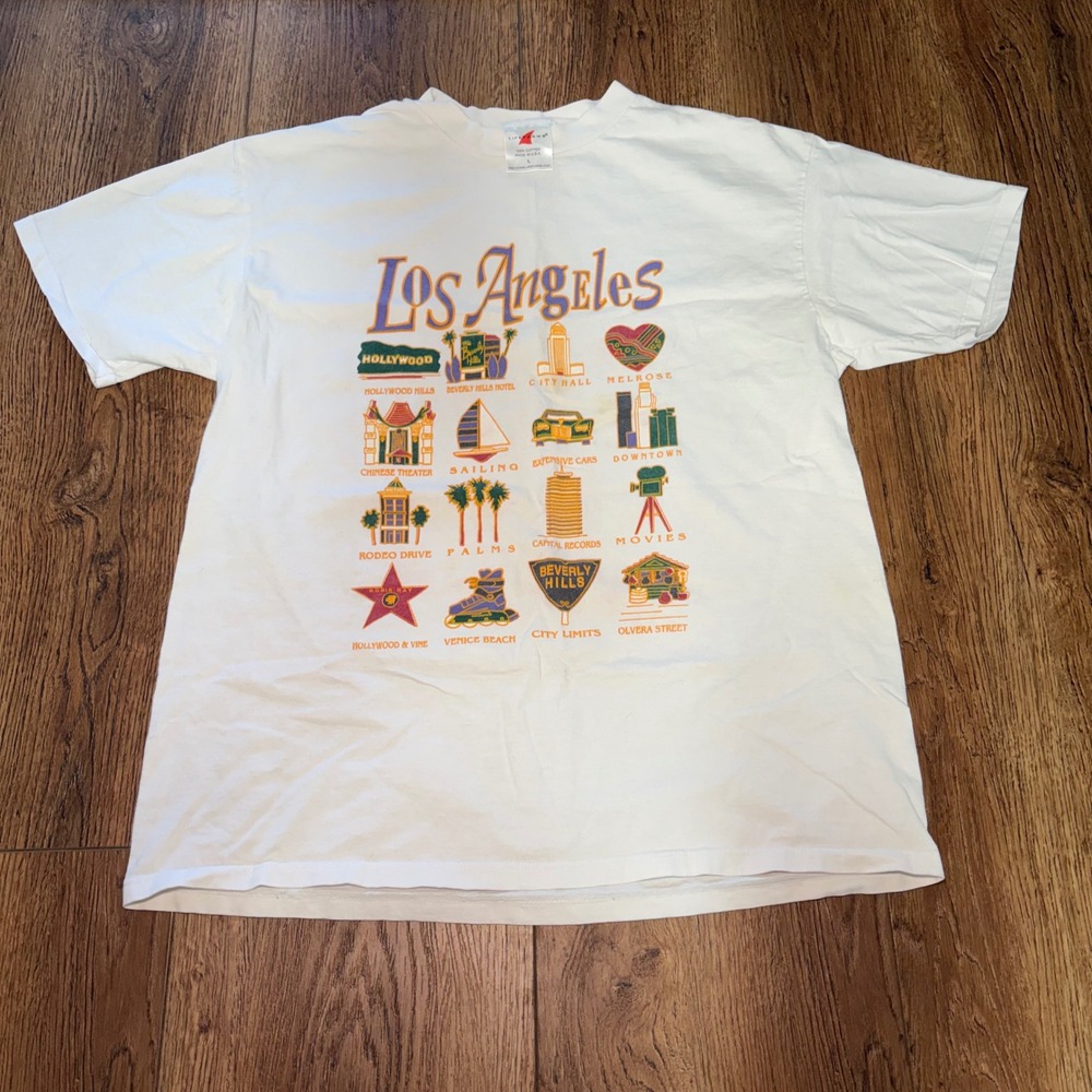 90s Los Angeles T Shirt White Cotton Graphic Tee USA Made Womens L VTG Hollywood